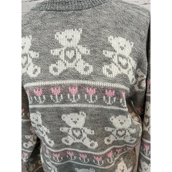 NWT Adele‎ Knitwear Sweater Large Teddy Bears Heart Acrylic USA 80s Vintage Gray - Picture 7 of 10